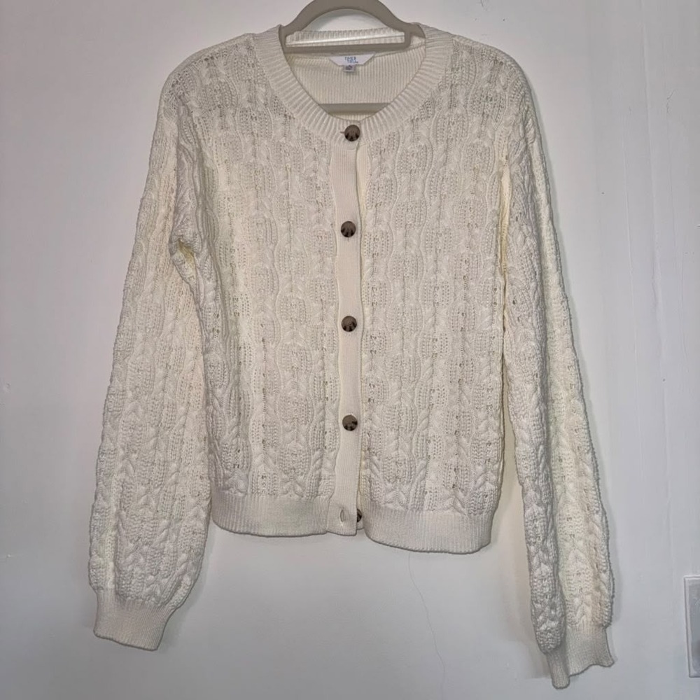 NWT Time & Tru Women's S Button Up Sweater Cream Textured Cable Knit Cottagecore